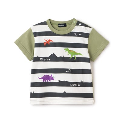 クレードスコープ kladskap ☆彡恐竜プリントボーダー半袖Tシャツ (カーキ)