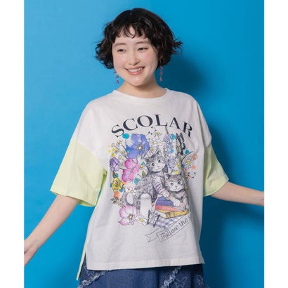 スカラー ScoLar 花ネコピクニック柄配色Tシャツ （オフホワイト）