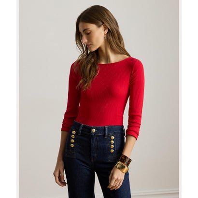 ローレン ラルフ ローレン LAUREN RALPH LAUREN リブニット コットンブレンド ボートネック Tシャツ (600レッド)