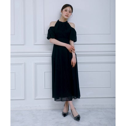 ロイヤル寄りあい ROYAL PARTY コールドショルダーラメストライプフレアワンピース （黒いこと）