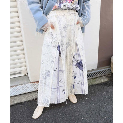 スカラー ScoLar スリット入り刺繍レース重ね アンティーク柄パンツ （アイボリー）