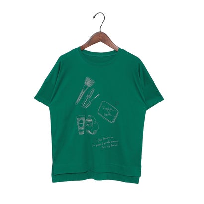 エグランティーヌ EGLANTINE コスメ柄刺しゅう半袖ティーシャツ【日本製】ローズペトール （緑であること）