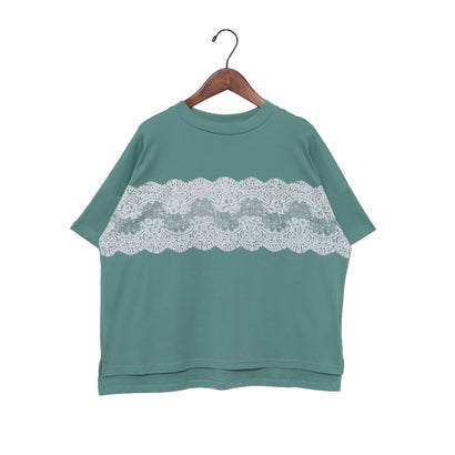 エグランティーヌ EGLANTINE レース柄プリント半袖Tシャツ【日本製】ローズペトール （ブルーグリーン）