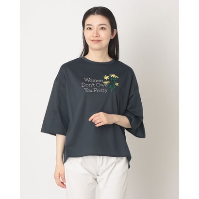 ブローディア BRODIAEA ロゴフラワー刺繍 袖口スリット五分袖Tシャツ【日本製】 （ネイビー）