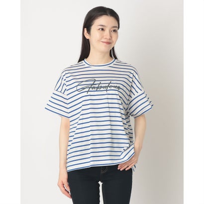 ブローディア BRODIAEA ボーダーロゴプリント半袖ティーシャツ【日本製】 （青色） レディースファッション-Tシャツ・カットソー