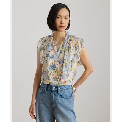 置き目レン ラルフ 置き目レン LAUREN RALPH LAUREN フローラル フラウンス刈り込み ジョーゼット ティーシャツ （400青碧）