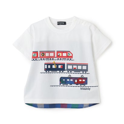 クレードスコープ kladskap 後ろ切替チェック電車アップリケ半袖Tシャツ （白）
