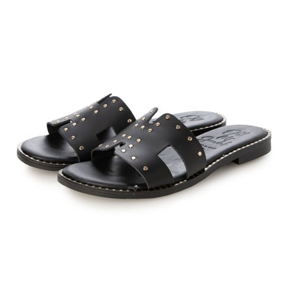 オー マイ サンダルズ Oh my Sandals スクエアトウフラットレザー スタッズサンダル (NEGRO)|LOCOMALL(ロコンド公式ストア)
