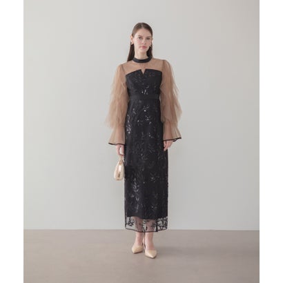 レジャ Leja パイピングチュールシアースリーブスパンコールフラワーIラインワンピースドレス美脚効果結婚式 パーティードレス 成人式 二次会 同窓会 お呼ばれ オケージョン 20代 30代 40代