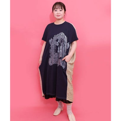 スカラー ScoLar お城のレース風箔プリント異素材切替ワンピース （ネイビー）