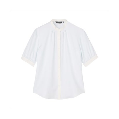 トーキョーシャツ TOKYO SHIRTS 【COFREX】 配色 ギャザー衿 ブラウス 五分袖 レディースデザインシャツ （サックス）