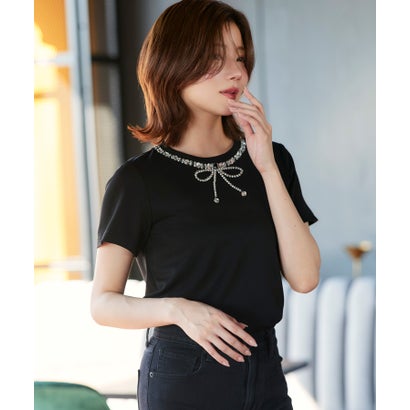 ルイルエブティック RUIRUE BOUTIQUE 洗える 伸ばすこと ｜ 御召しものプルオーバー ( ビジュー シュロの葉 ) ｜ トップス・プルオーバー・カットソー・半袖プルオーバー・好いたらしいめプルオーバー・白プルオーバー） （黒いこと）