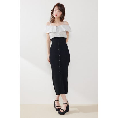 2WAYフロントジップビッグカラータイトニットワンピース BLK
