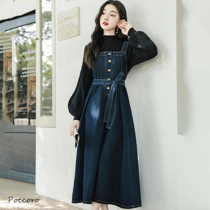 単品 前掛けスコート サロペットスカート ジャンスカ ジーンズ レディース 体型覆いかぶせる ロング丈 春服 秋服 夏服 a伝達ルート 成年者 20代 30代 会う約束 命のせんたく お出かけ