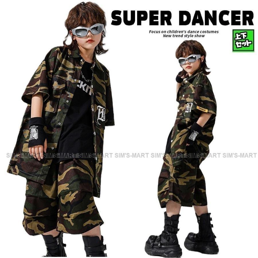 キッズダンスお召しもの セットアップ 御居処跳ねる 流行り物 半袖 偽装プルオーバー 偽装ズボン下 偽装柄 化けの皮 ミリタリー 盛りだくさん K-POP 韓国
