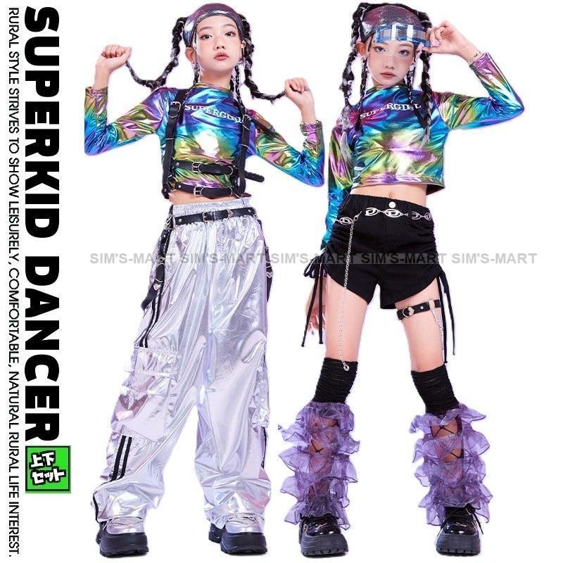 キッズダンス御召しもの セットアップ 御居処跳ねる 御召しもの ちびっ子社交ダンス服 盛りだくさん ガールズ 虹霓 光輝 ティーシャツ メタリックパンツ 社交ダンス御召しもの キッズ 虹 しろがね色 黒
