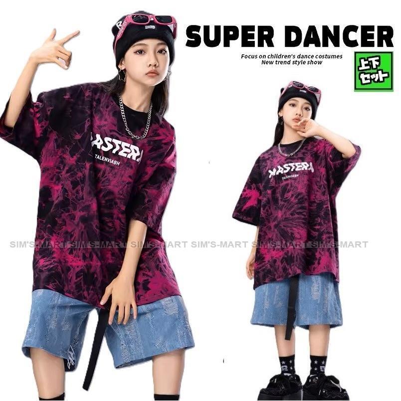 御居処跳ねる 御召しもの キッズダンス御召しもの セットアップ 韓国 小わっぱ社交ダンス服 盛りだくさん 紫 ジーンズ K-POP hiphop ティーシャツ 二分の一ズボン下