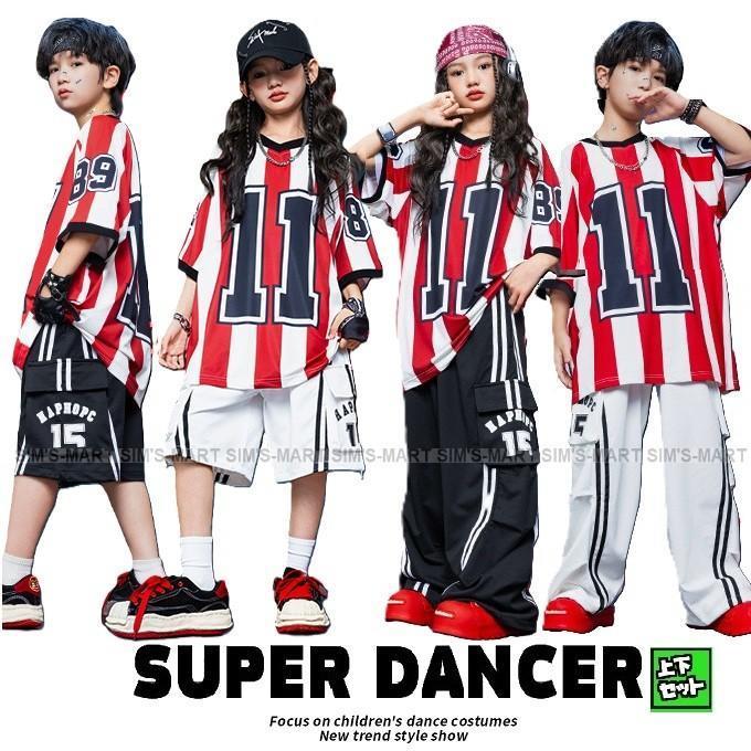 御居処跳ねる 御召しもの キッズダンス御召しもの セットアップ K-POP 韓国 ちびっ子社交ダンス服 盛りだくさん hiphop 縞模様 ナンバリングティーシャツ 伝達ルートズボン下 赤 白 黒