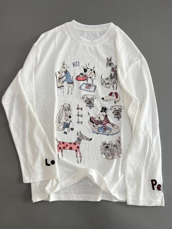 の 美し さは が 透かし 襟 プリント 長袖 t シャツ 春夏 丸首の 白い 上着を 勧めて います。
