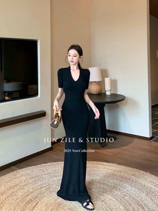 ロング ドレス 早春の 婦人服 風 魅惑的 雰囲気 Vネック ウエスト シェイプ ヒップ カバー スリム フィット 半袖 イブニング ドレス