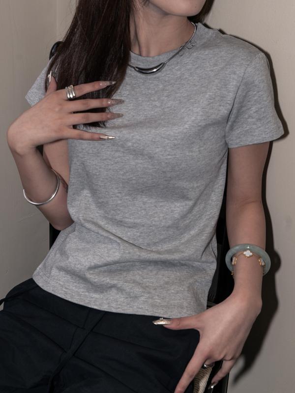 ベーシックスリムコットンフィット 刺繍 Tシャツ ベース 黒と 白の グレー 半袖 コットン Tシャツ レディーストップス 3054