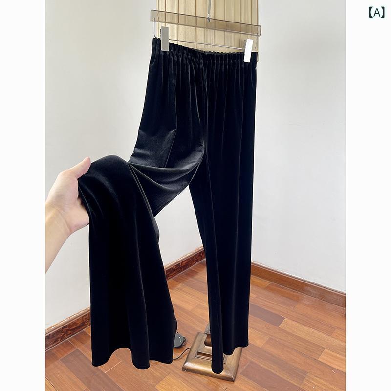 レディース パンツ ベルベット ストレートワイド ゴムウエスト 伸縮自在 内側フリース 秋冬 保温性 厚手 カジュアル 普段使いx2