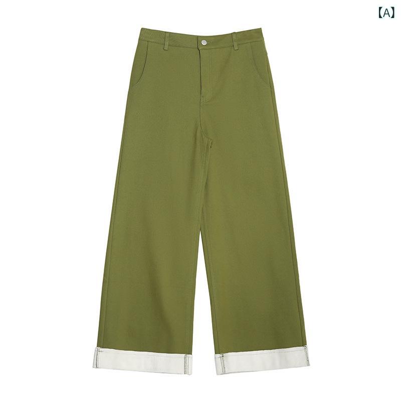 レディース ワイドレッグ パンツ 冬用 加綿 デニム コントラストカラー フリンジ スリムシルエット 伸縮性 軽量