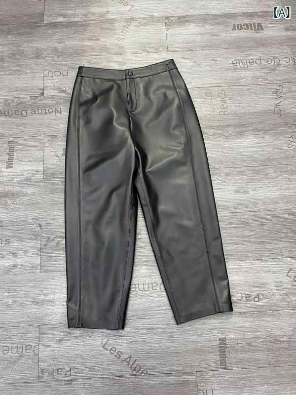 パンツ レディース 秋冬 革 羊革 ハイウエスト 9分丈 ルーパンツ テーパード 普段使い 高級感 伸縮性 吸湿速乾x2