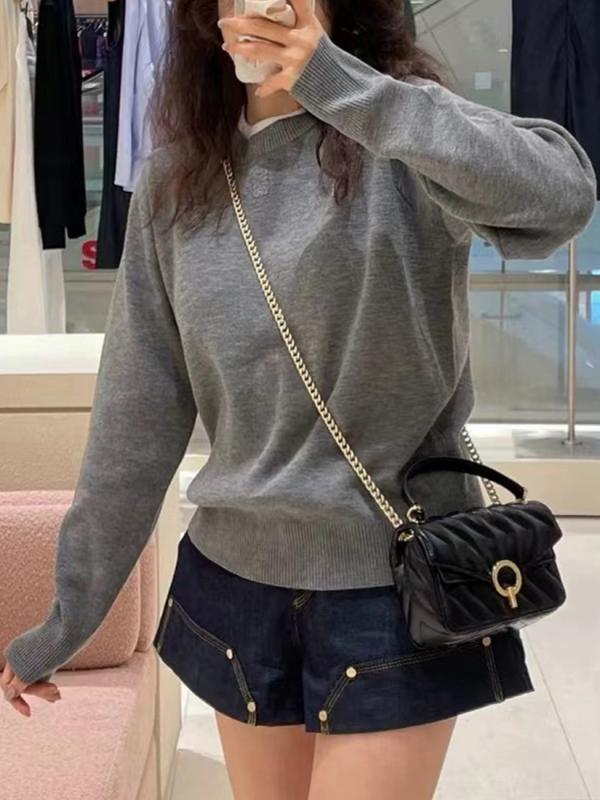 レディース ニットセーター 長袖 秋 カジュアル 差し色 シルエット 普段使い 伸縮性 軽量 吸湿速乾 綿素材 ラウンドネック