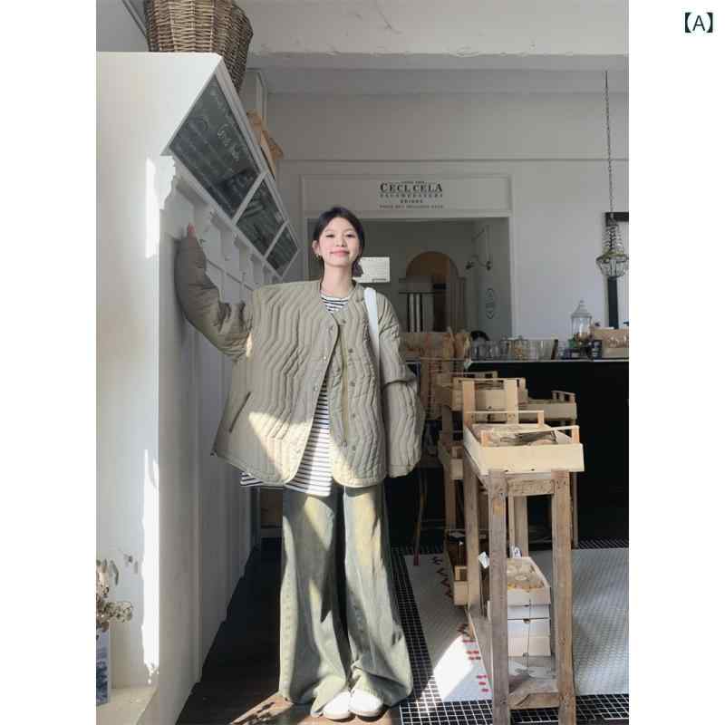 レディース 秋冬 ワークスタイル コットン アウター ジャケット ラウンドネック ゆったり プリーツ 無地 ブラック 暖かい 軽量 普段使い 吸湿速乾