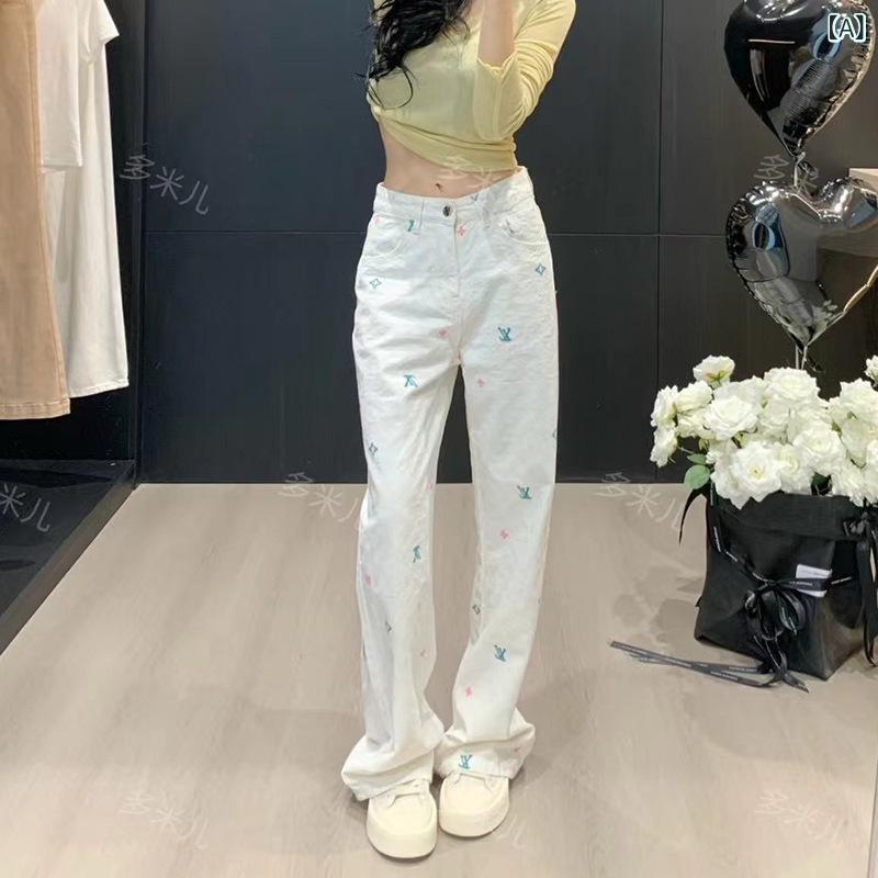デニムパンツ レディース ハイウエスト ストレート ホワイト フィット スリムシルエット プリント柄 デニム素材 コットン混紡 軽量 通勤用 普段使い