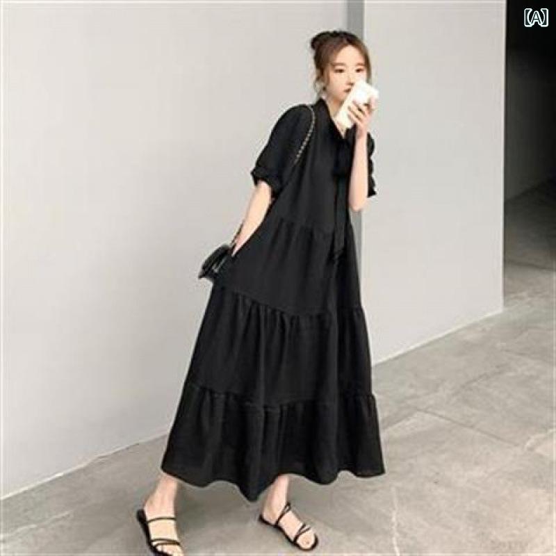 ワンピース レディース 夏 半袖 紐付き 韓国 ゆったり 痩せ見え キャンパス風 ミディアム丈 ティアードスカート ドレス 普段使い 軽量 伸縮性x2