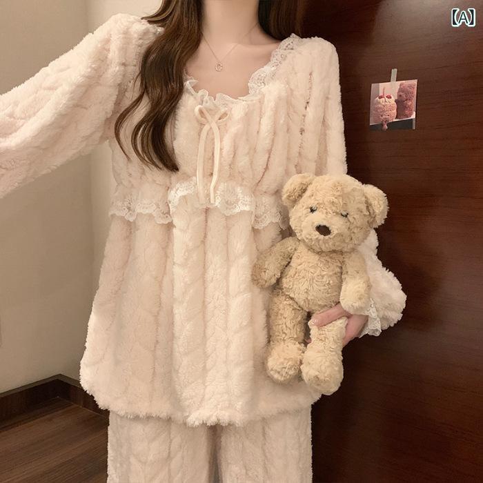 ルームウェア レディース プリンセス風 厚手 フリース パジャマ 2ピースセット 冬 かわいい フランネル 裏起毛 秋冬 ホームウェア 女性用x2