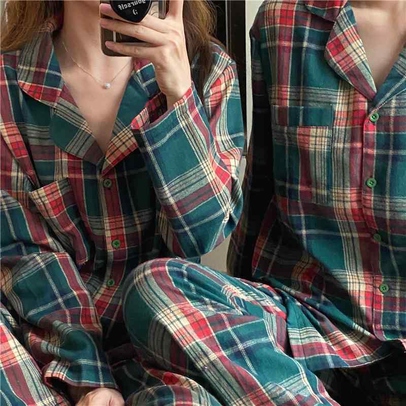韓国 秋型 シンプル 格子の ゆるい カップルの パジャマの 家の 服の スーツ 女性｜loeuf
