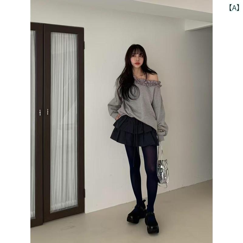 セット 女性用 トップス ボトムス 秋冬 耳付き フーディー スウェット 伸縮 ウエスト ショート パンツスカート スカートパンツ 普段使い 軽量x2