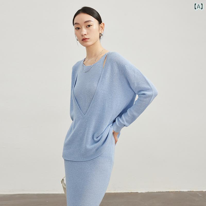 レディース スカートセット ニット 韓国 Vネック 長袖 ウール50% 高級感 伸縮性 保温性 柔らかさ 普段使い 通勤用 カジュアルスタイル 秋