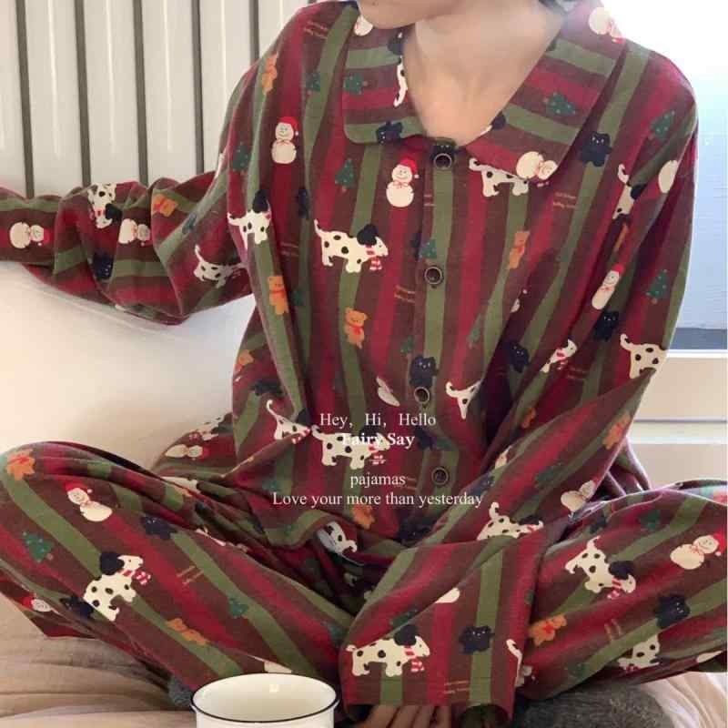 秋冬 パジャマ ユニセックス 綿 起毛 クリスマス ストライプ カップル 部屋着 暖かい 柔らかい 吸湿速乾 赤系 白系 普段使い