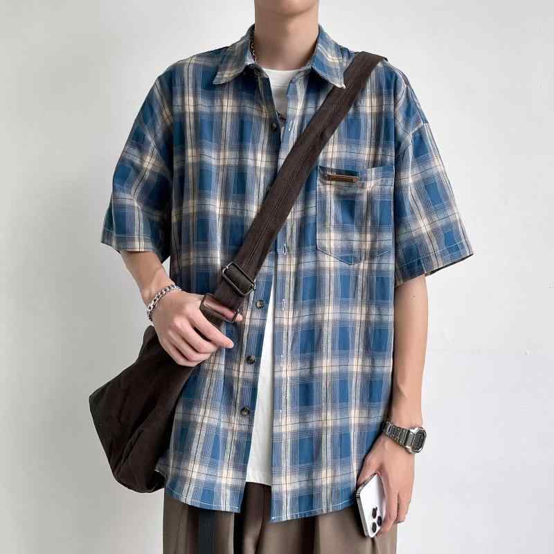 シャツ メンズ 夏 チェック柄 五分袖 トップス ゆったり 復古 カジュアル アメリカンスタイル 高級感 普段使い 接触冷感 軽量 伸縮性