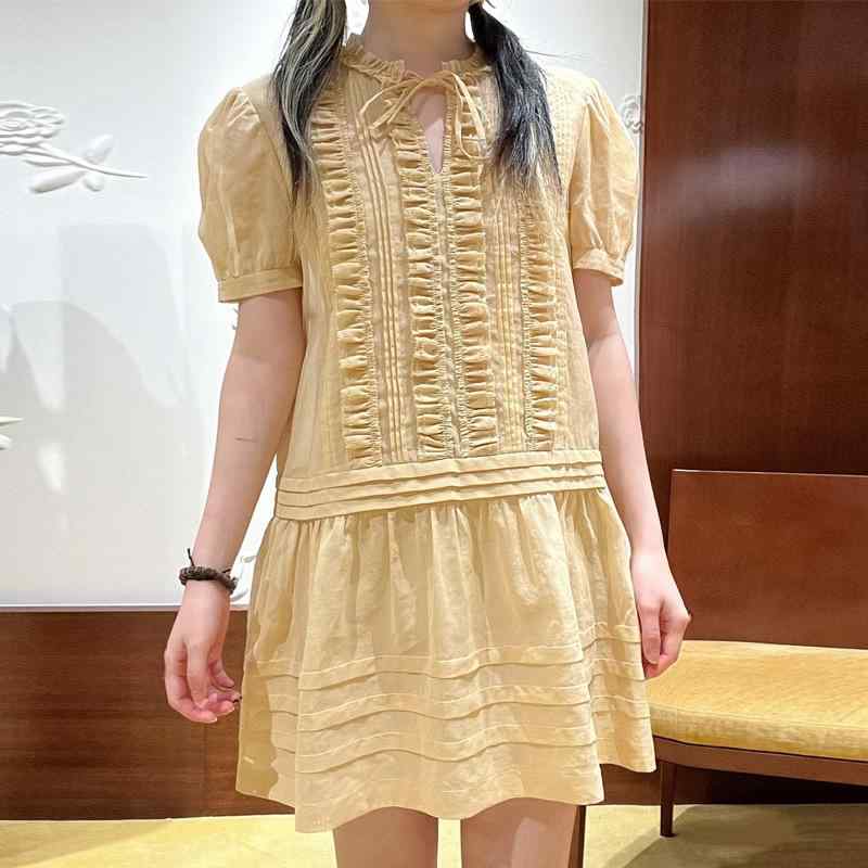 ワンピース レディース かわいい ゆったり タックプリーツ レース パフスリーブ シルエット 雰囲気 プリーツ ボリューム袖 7,420円