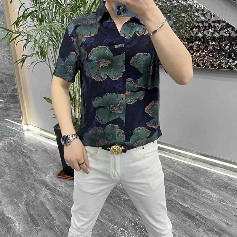 シャツ 男性用 夏 半袖 プリント カジュアル スリムフィット 細見え バンドカラー トップス 普段使い 接触冷感 吸湿速乾 軽量 綿 ハイネック