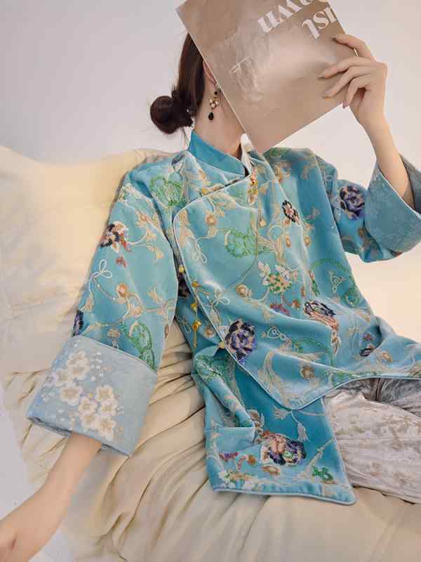 シャツ レディース 秋 国風 花刺繍 ラメ 老錢風 サテン 高級感 華やか トップス｜loeuf