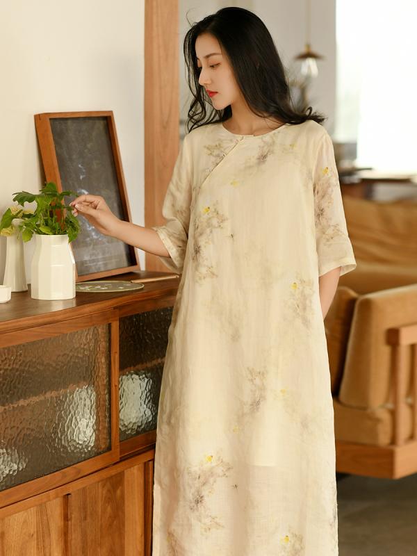 レディース ワンピース レトロ チャイナドレス 新中式 中国風 茶服 綿麻 苧麻 春夏 吸湿速乾 軽量 通気性 普段使い