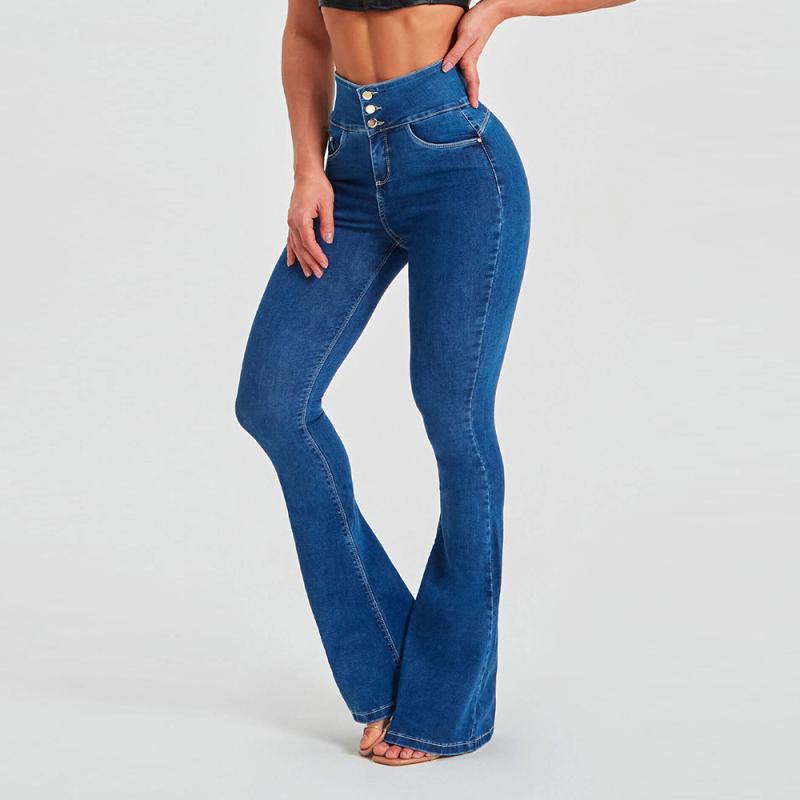 欧米の 新型の高 腰 修身 弾力 性の ある 形の ラッパ ズボンの 婦人服の ジーパンの women jeans
