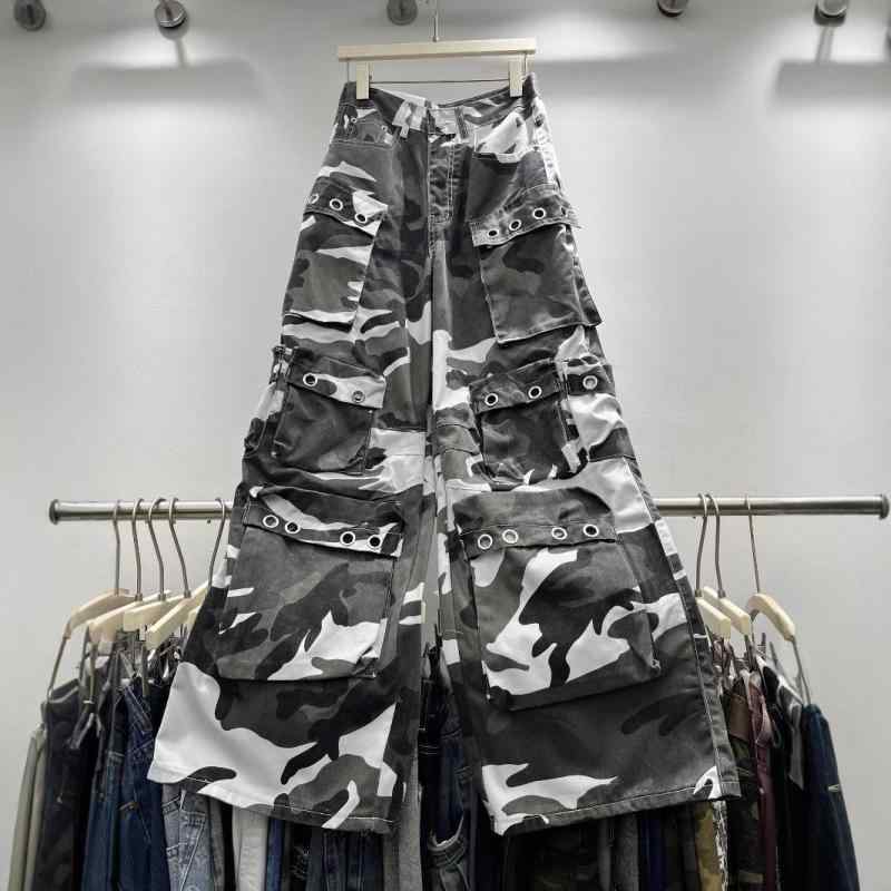 デニムパンツ レディース アメリカン復古 白迷彩 多ポケット ワークウェア ストリートパンク メタル ヘビーウェイト ワイドレッグ 伸縮性 吸湿速乾 普段使い 高級感