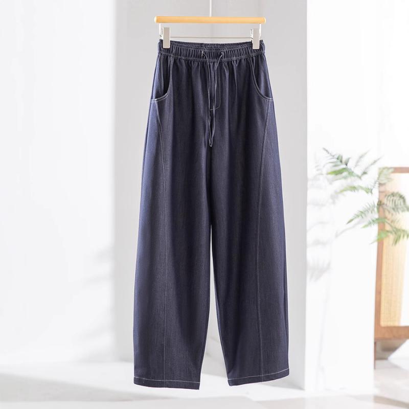 ロングパンツ レディース 春夏 通勤用 普段使い デニム素材 伸縮ウエスト アーク型 ワイドレッグ 梨型体型向け 軽量 吸湿速乾
