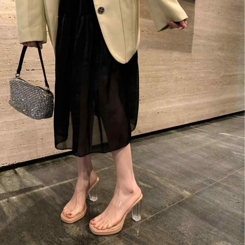 レディース ミュール 夏 透明 ハイヒール 厚底 防水 太ヒール 水晶 ストラップ クリア アウトドア 接触冷感 吸湿速乾 軽量 ビッグシルエスト ブラック系 アイボリー