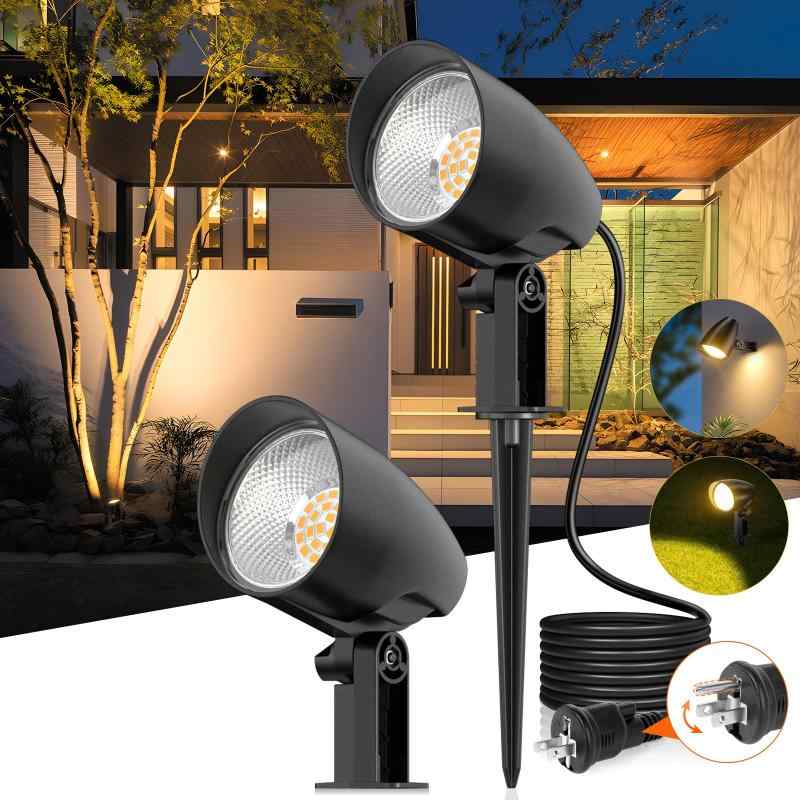 【全アルミ製 20W LEDスポットライト】MEIKEE 2000lm ガーデンライト コンセント式 電球色 IP66防水 2P/3Pプラグ切替 1.5m電源コード 2年 2way取り付け 回転可能 ５万時間の寿命 配線不要 庭園 ガ