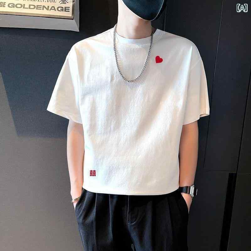 トップス 男性用 半袖 Tシャツ 丸首 プリント トレンド カップル シンプル デザイン 綿 素材 普段使い 軽量 伸縮性