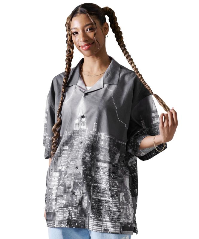 [FUBU] ストリート シャツ メンズ 半袖 プリント ボタンダウン アメカジ 総柄 NY ニューヨーク 夏服 五分袖 おおきい ビッグ シルエット ゆったり かっこいい