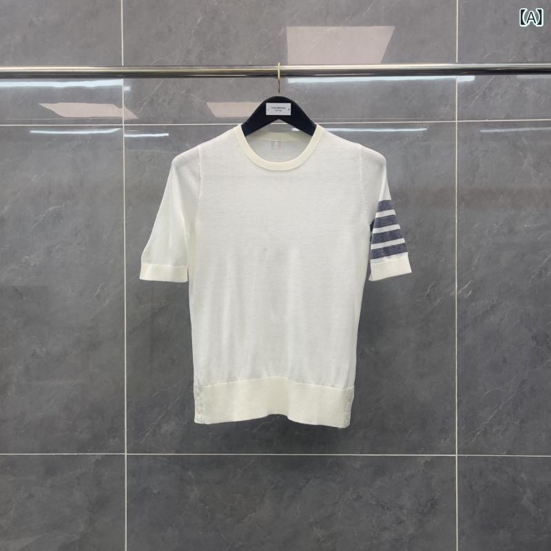 レディース 夏 ストライプ Tシャツ ウールニット ラウンドネック 半袖 プルオーバー トップス 普段使い カジュアル 吸湿速乾 軽量